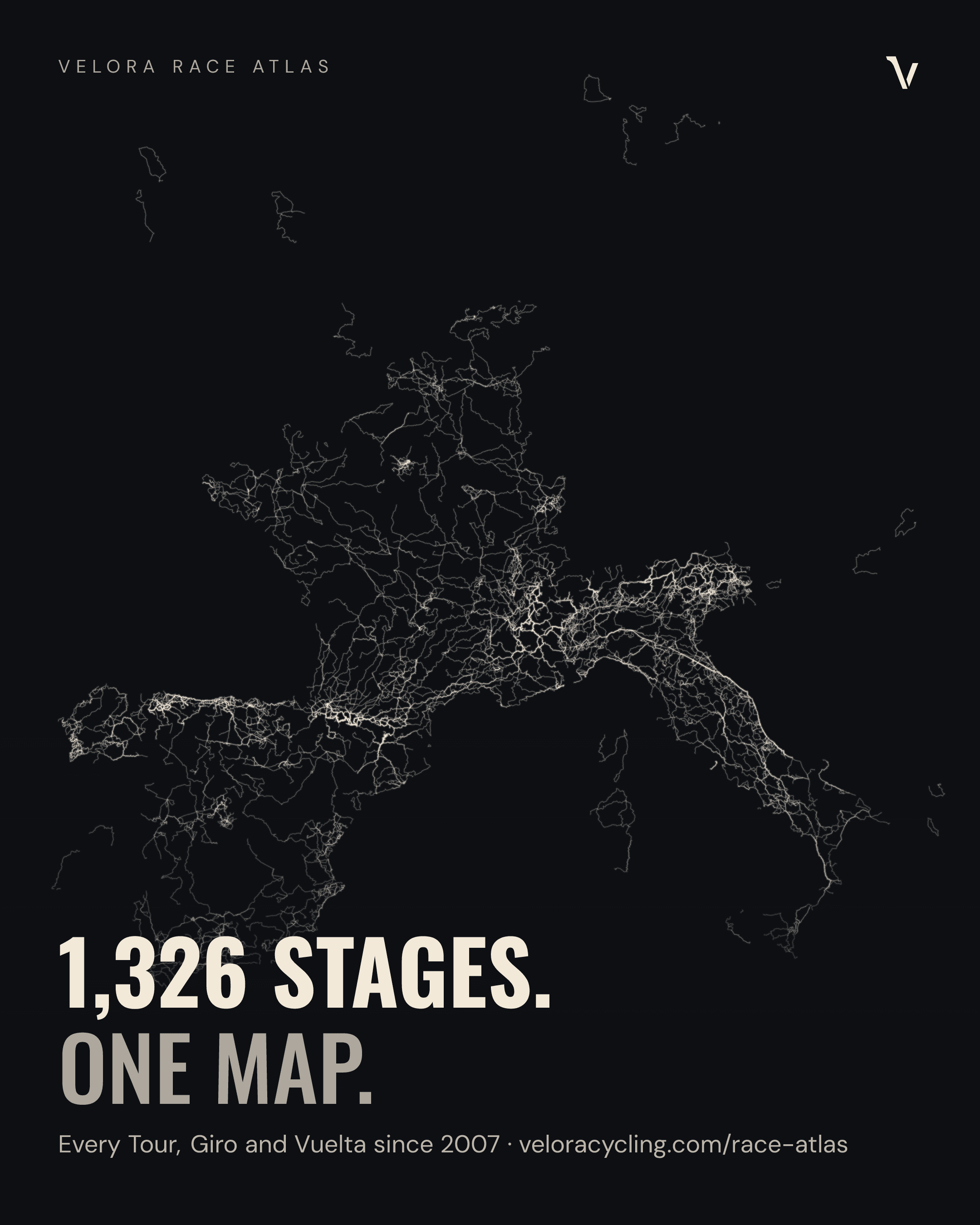Every Tour de France, Giro d'Italia and Vuelta a España route since 2007, drawn as one map